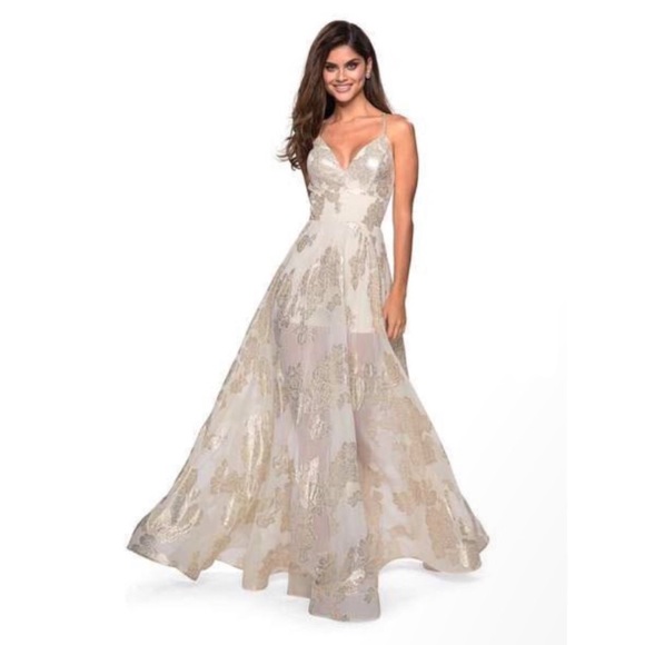 la femme metallic floral embellished evening dress